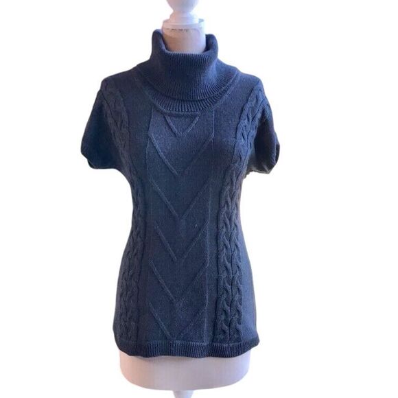 Calvin Klein Short Sleeve Turtleneck Sweater‎ Cable Knit Preppy Charcoal Grey S - Picture 1 of 4